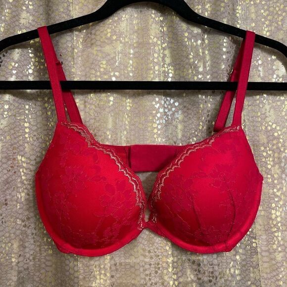 Victoria’s Secret Dream Angels Red Gold Lace Push Up Bra 32DD - Picture 1 of 7